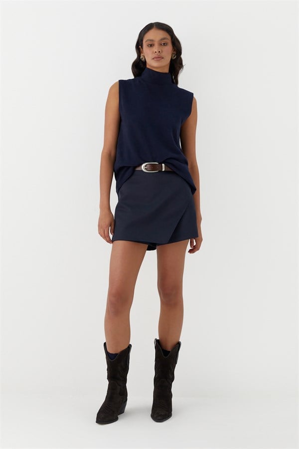 Triko Görünümlü Örme Bluz Lacivert