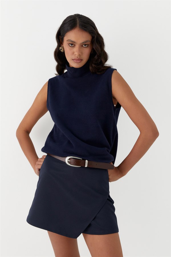 Triko Görünümlü Örme Bluz Lacivert