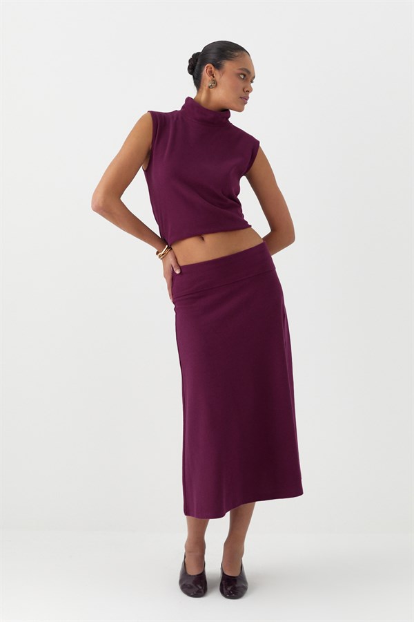 Triko Görünümlü Örme Etek Bordo