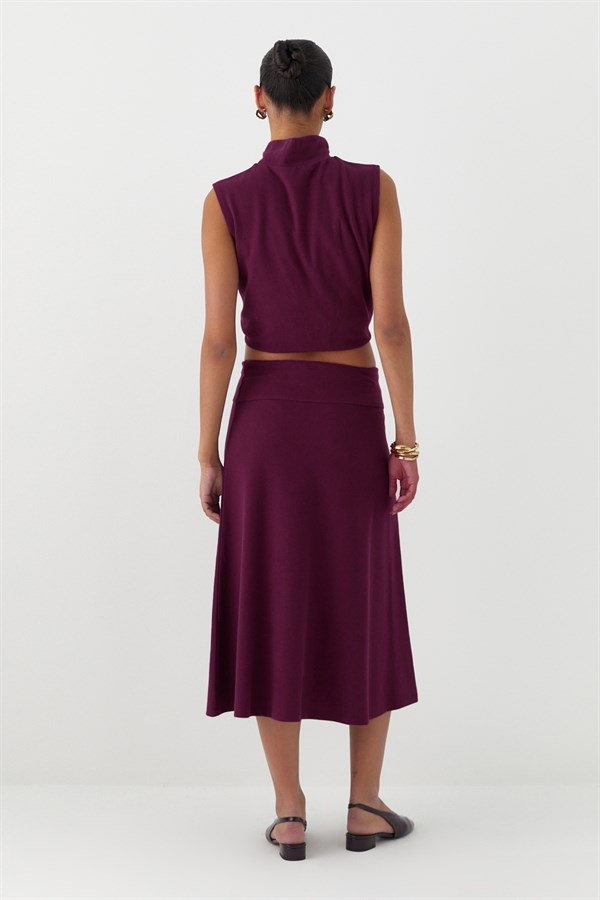 Triko Görünümlü Örme Etek Bordo