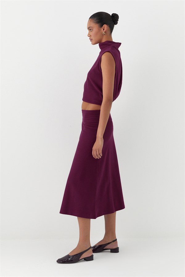 Triko Görünümlü Örme Etek Bordo