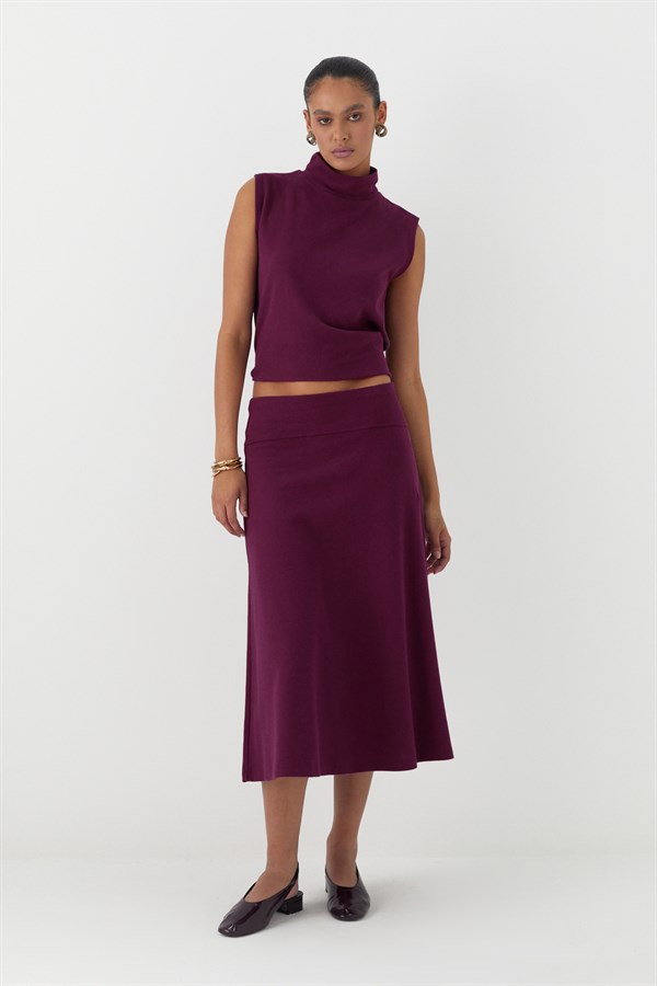 Triko Görünümlü Örme Etek Bordo