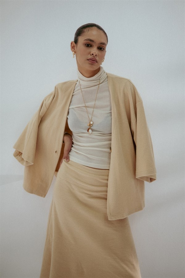 Triko Görünümlü Örme Etek Krem