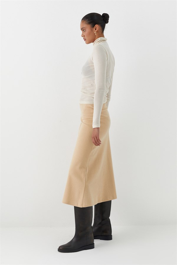 Triko Görünümlü Örme Etek Krem