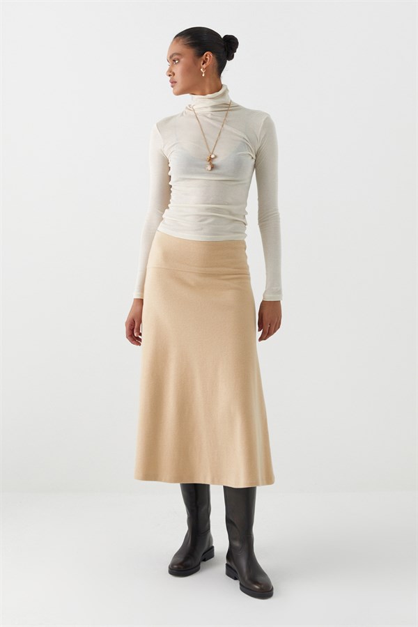 Triko Görünümlü Örme Etek Krem