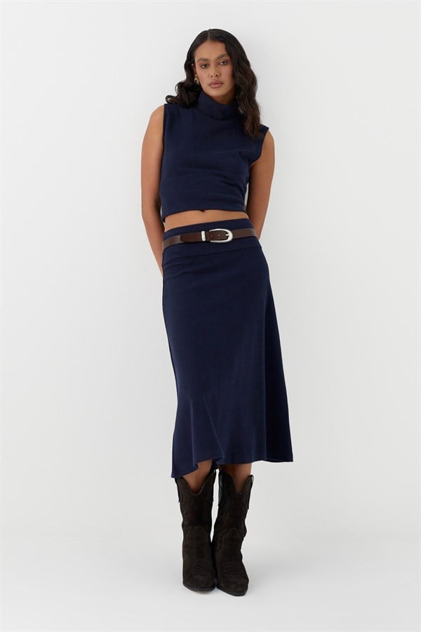 Triko Görünümlü Örme Etek Lacivert