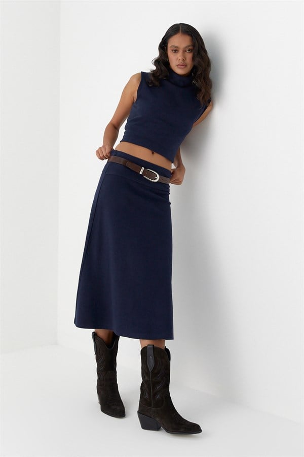 Triko Görünümlü Örme Etek Lacivert