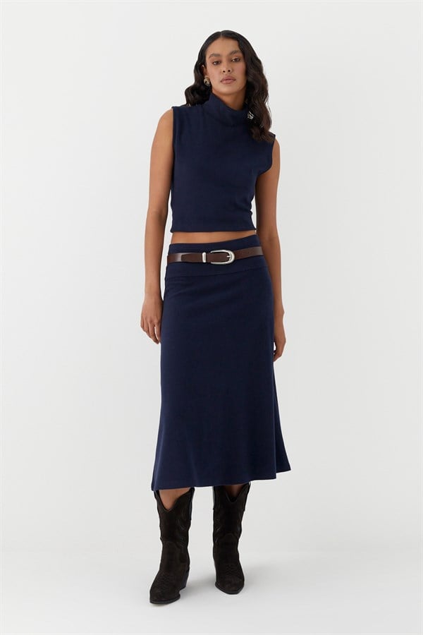 Triko Görünümlü Örme Etek Lacivert