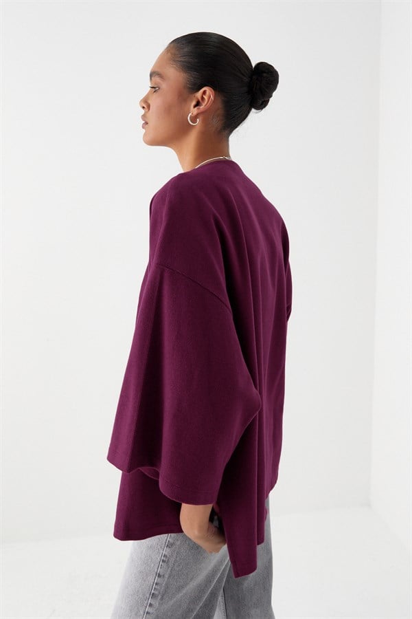 Triko Görünümlü Örme Kimono Bordo