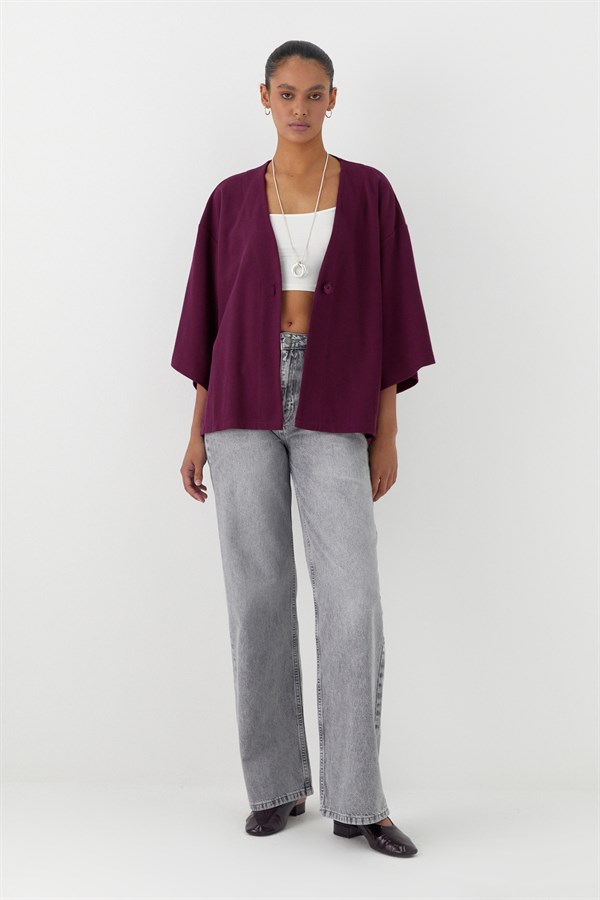 Triko Görünümlü Örme Kimono Bordo