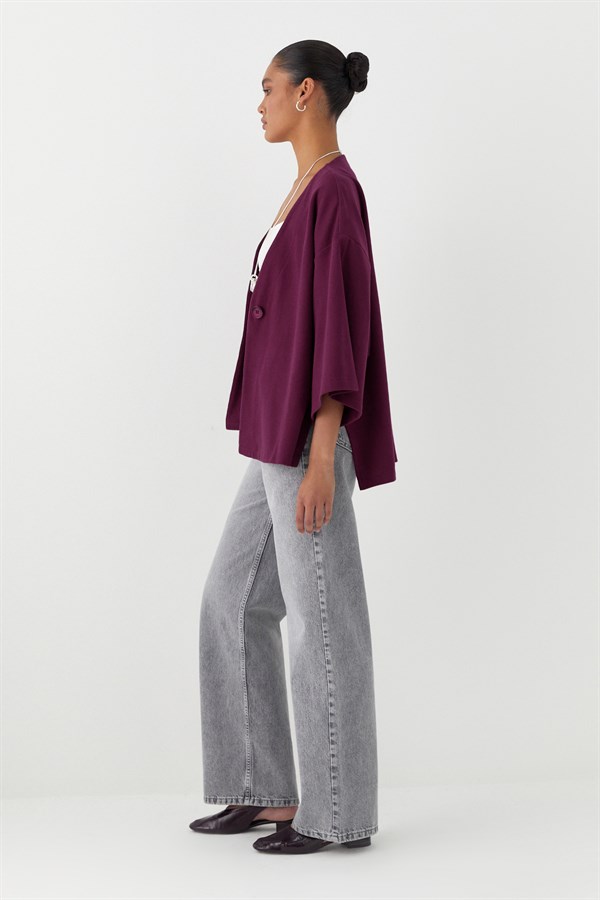 Triko Görünümlü Örme Kimono Bordo