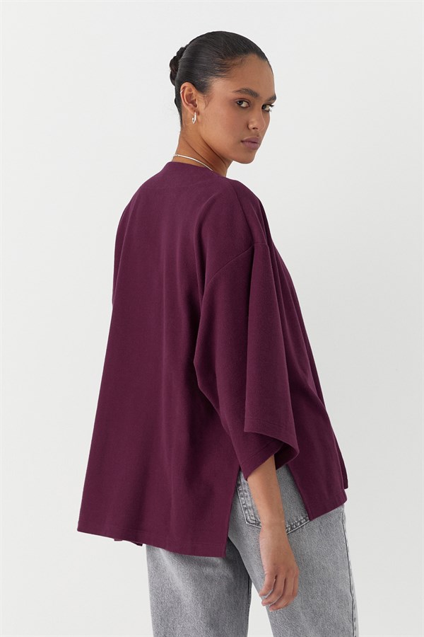 Triko Görünümlü Örme Kimono Bordo