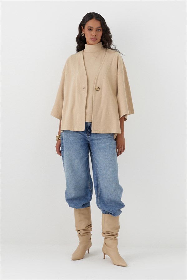 Triko Görünümlü Örme Kimono Krem