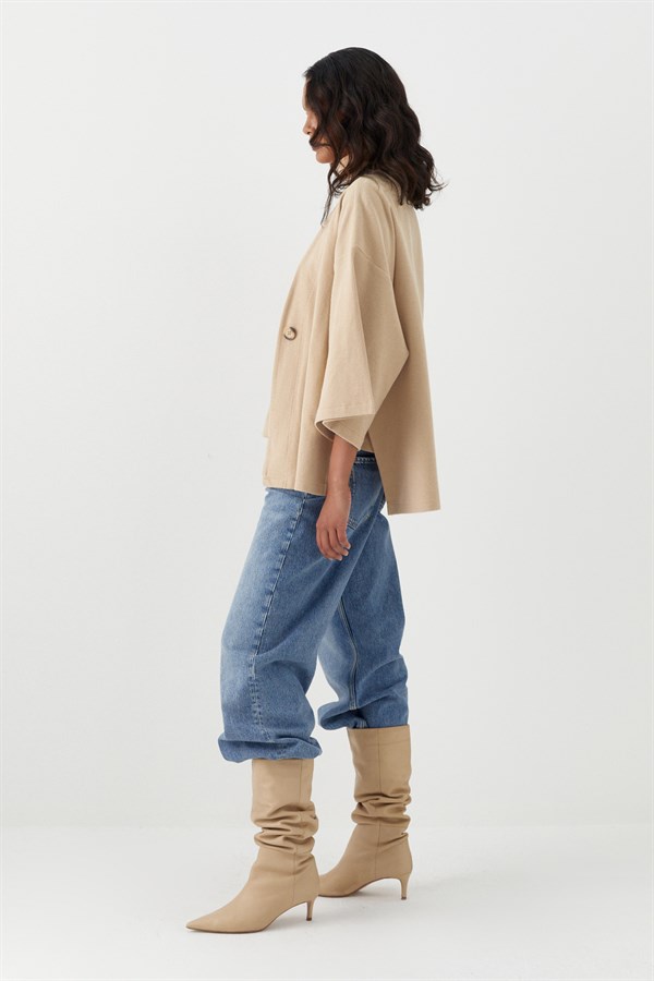 Triko Görünümlü Örme Kimono Krem