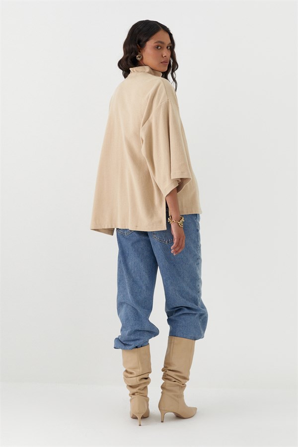 Triko Görünümlü Örme Kimono Krem