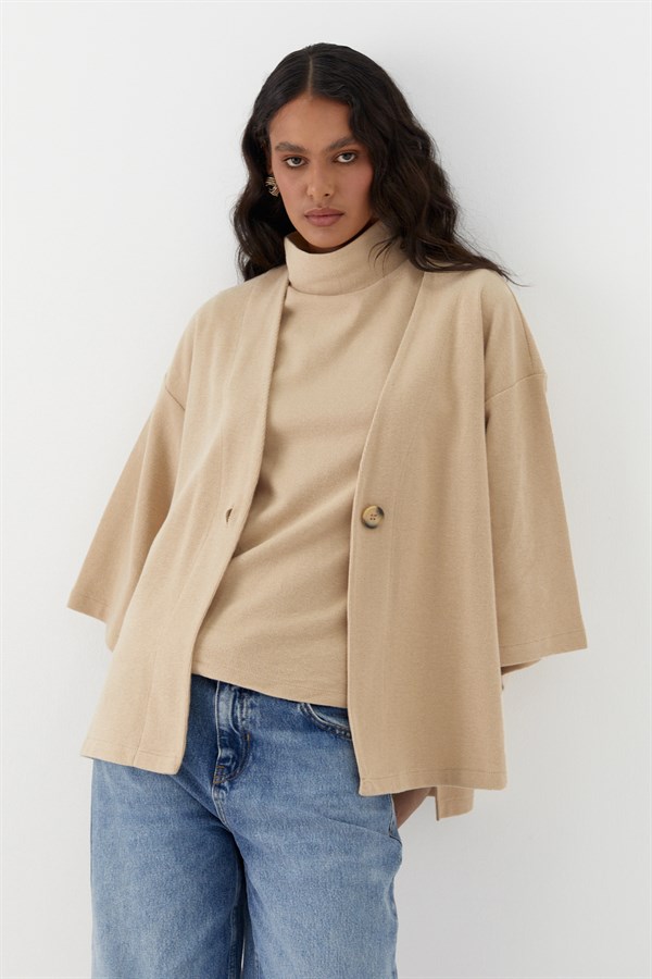 Triko Görünümlü Örme Kimono Krem