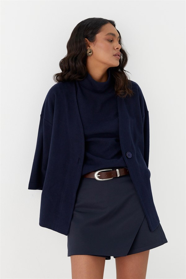 Triko Görünümlü Örme Kimono Lacivert