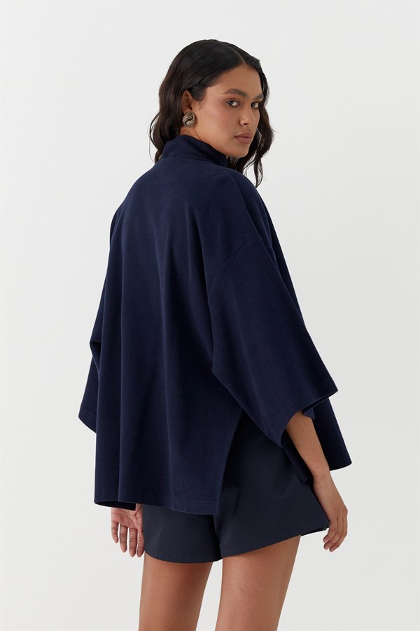Triko Görünümlü Örme Kimono Lacivert
