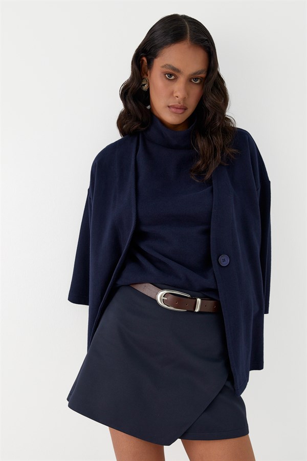 Triko Görünümlü Örme Kimono Lacivert