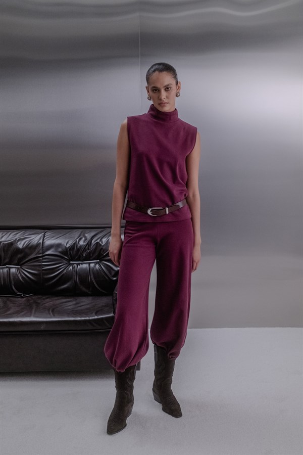 Triko Görünümlü Örme Pantolon Bordo