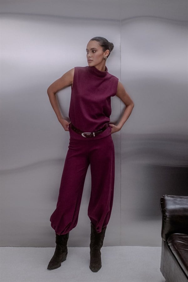 Triko Görünümlü Örme Pantolon Bordo