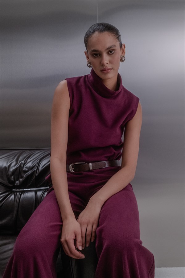 Triko Görünümlü Örme Pantolon Bordo