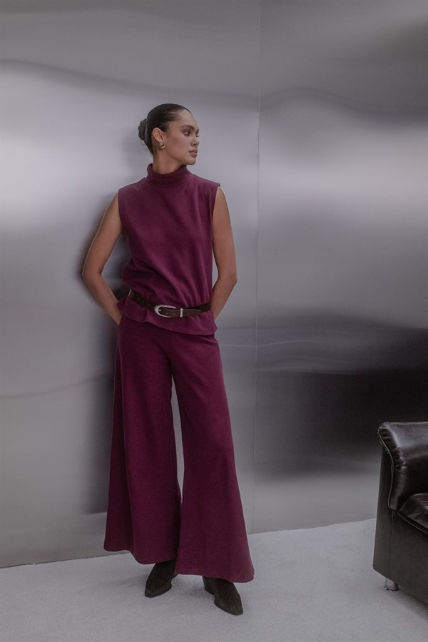 Triko Görünümlü Örme Pantolon Bordo