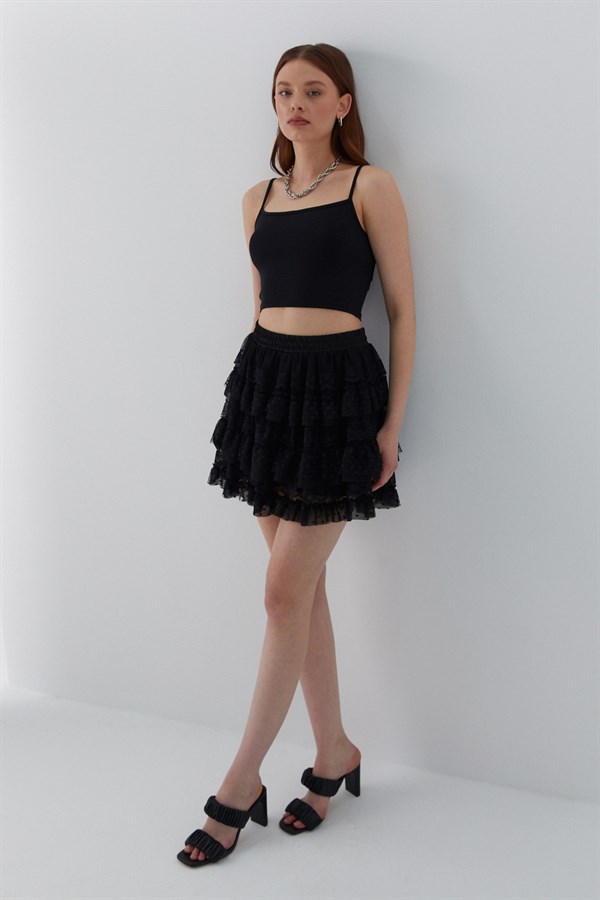 Tül Fırfırlı Şortlu Mini Etek Siyah