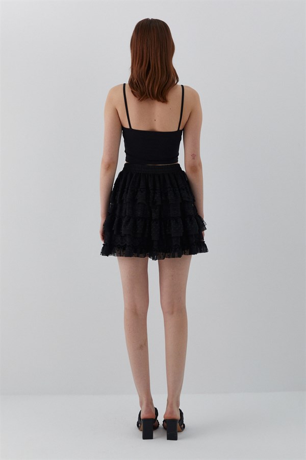 Tül Fırfırlı Şortlu Mini Etek Siyah