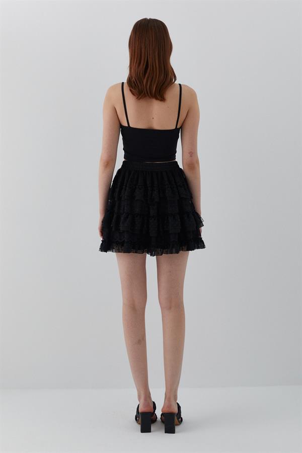 Tül Fırfırlı Şortlu Mini Etek Siyah