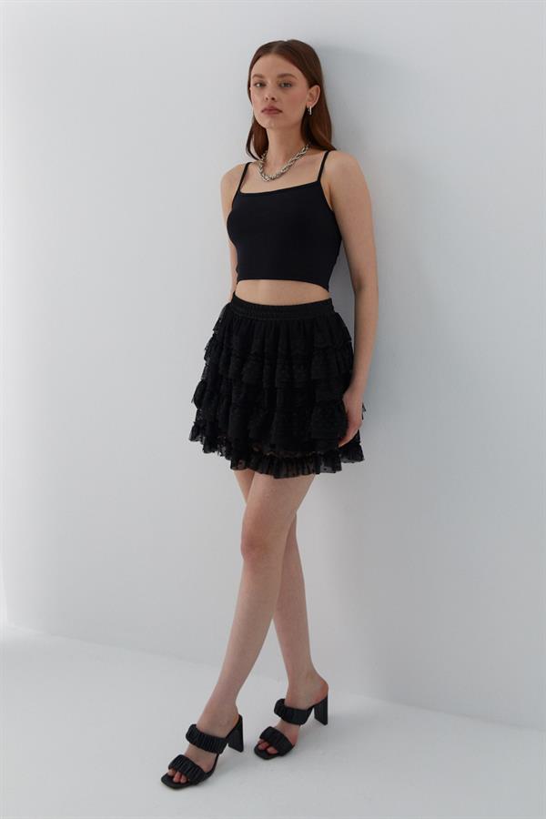 Tül Fırfırlı Şortlu Mini Etek Siyah