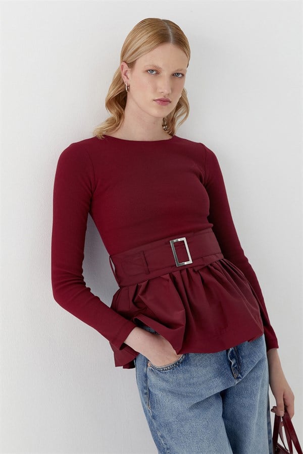 Uzun Kollu Kaşkorse Bluz Bordo