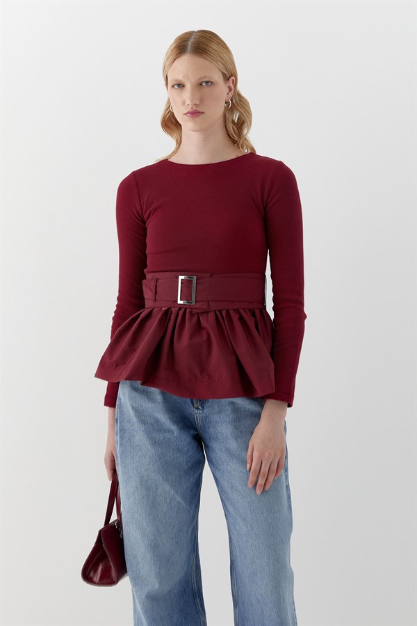 Uzun Kollu Kaşkorse Bluz Bordo