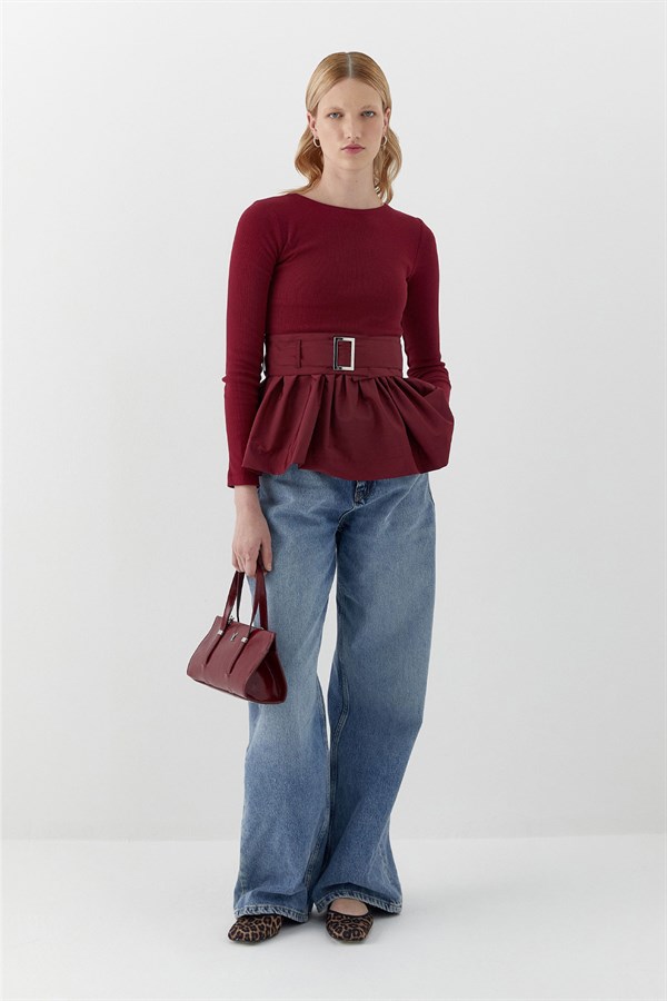 Uzun Kollu Kaşkorse Bluz Bordo
