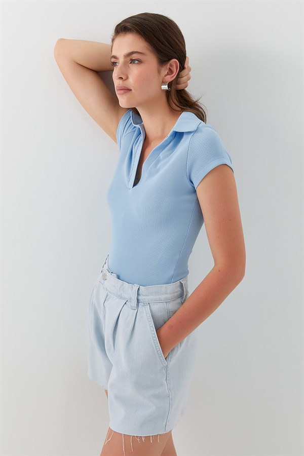 V Yaka Polo Form Basic Bluz Mavi