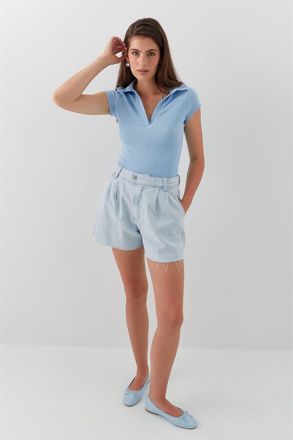 V Yaka Polo Form Basic Bluz Mavi