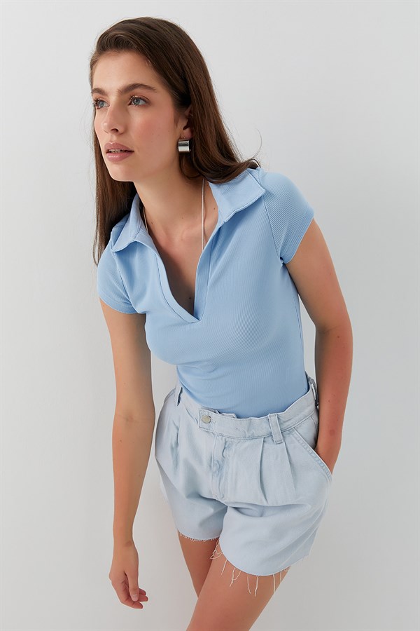 V Yaka Polo Form Basic Bluz Mavi