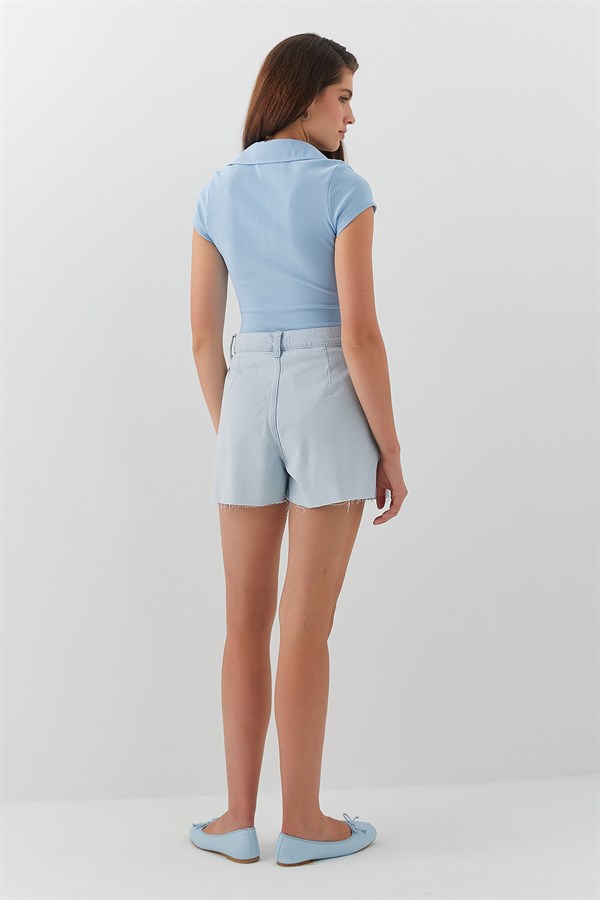 V Yaka Polo Form Basic Bluz Mavi
