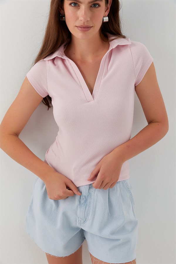 V Yaka Polo Form Basic Bluz Pembe