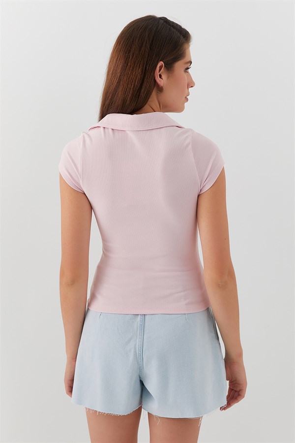 V Yaka Polo Form Basic Bluz Pembe