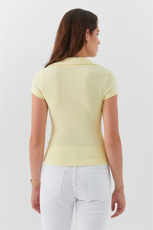V Yaka Polo Form Basic Bluz Sarı