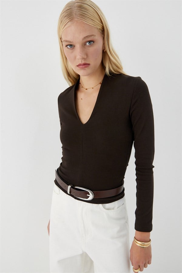 V Yaka Uzun Kollu Body Acı Kahve