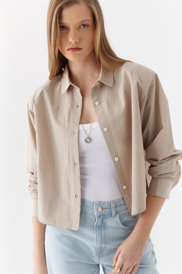 Vatkalı Çizgili Gömlek Bej