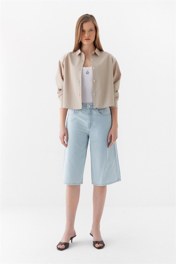 Vatkalı Çizgili Gömlek Bej