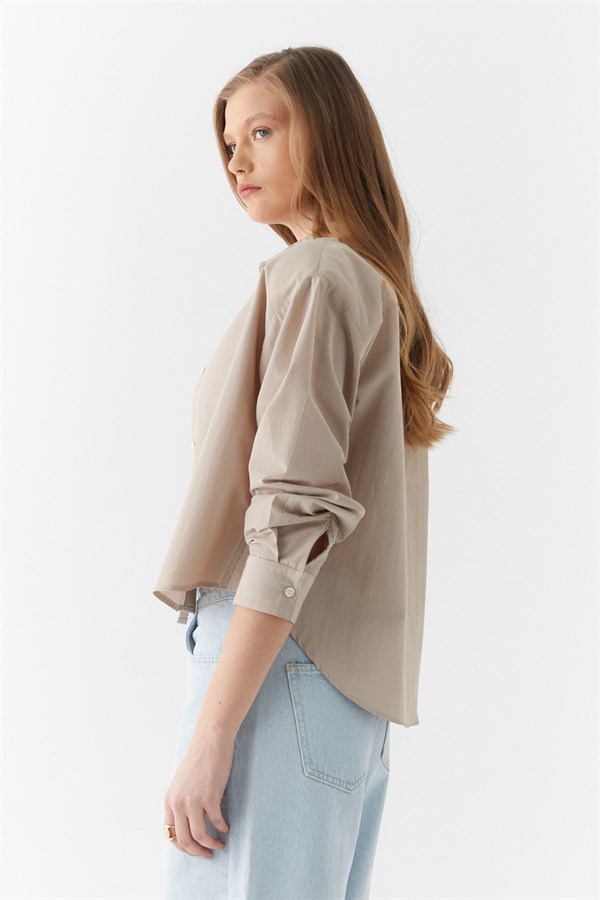 Vatkalı Çizgili Gömlek Bej