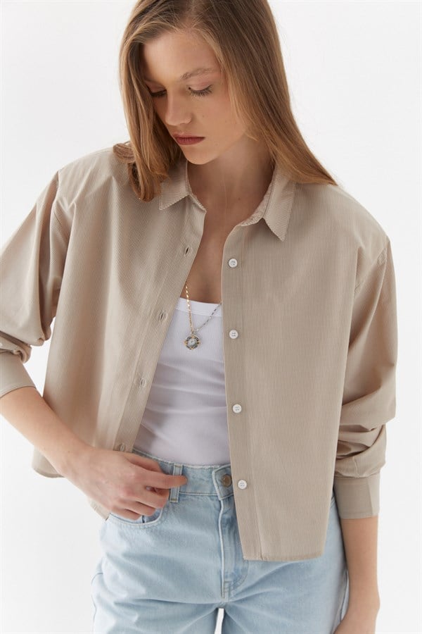 Vatkalı Çizgili Gömlek Bej