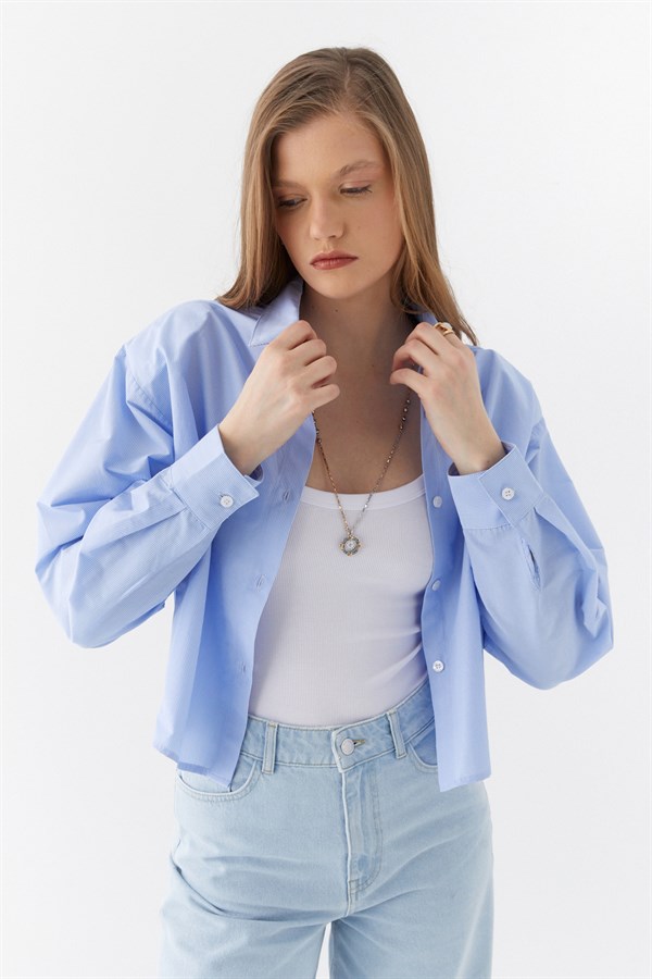 Vatkalı Çizgili Gömlek Mavi