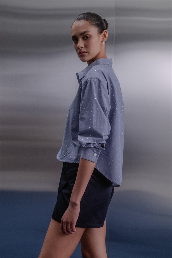 Vatkalı Taşlı Gömlek Mavi