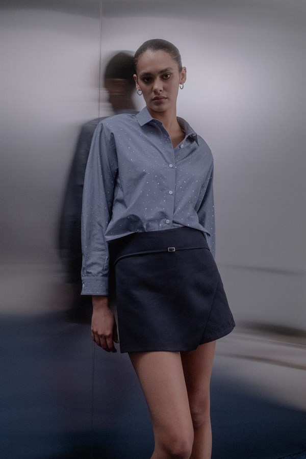 Vatkalı Taşlı Gömlek Mavi