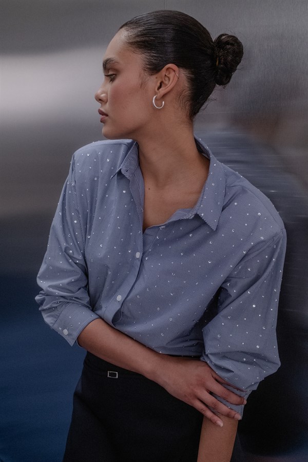 Vatkalı Taşlı Gömlek Mavi